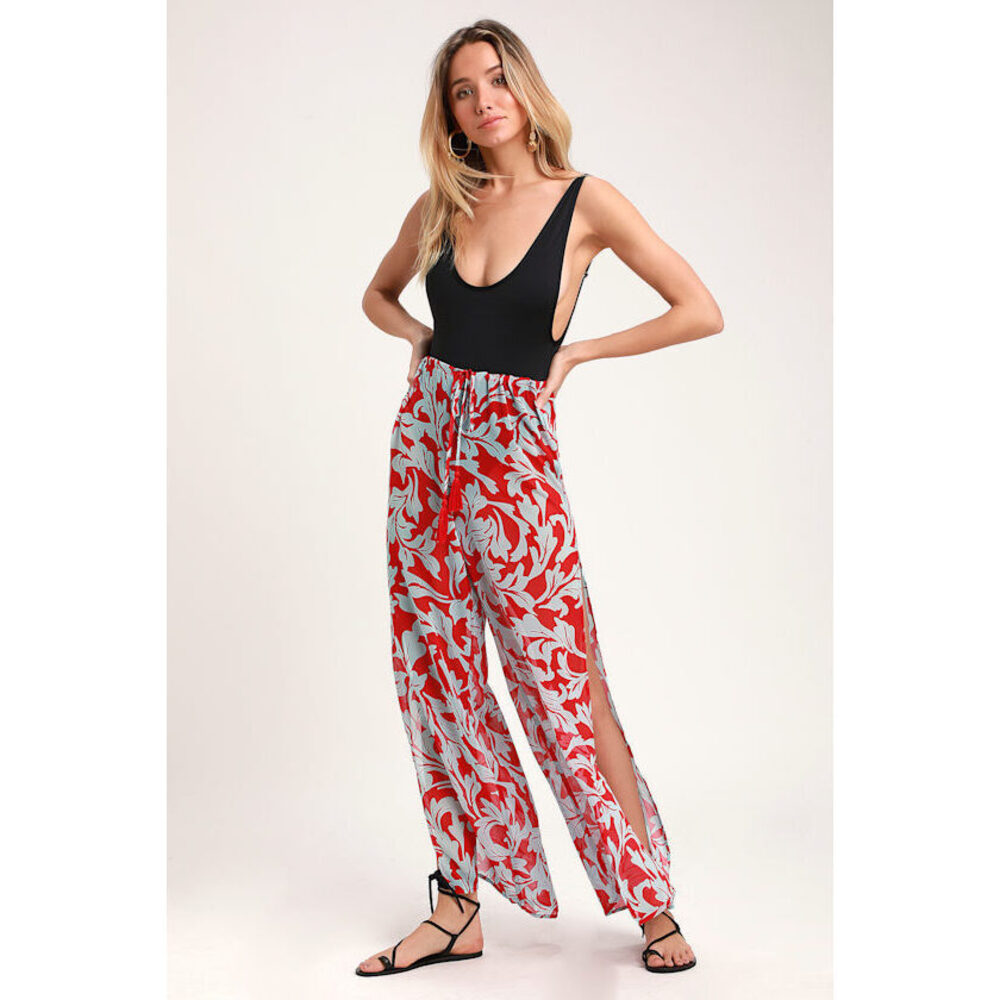 Lulus Beachy Keen Red And Light Blue Floral Print Swim Cover-up Pants - Size S